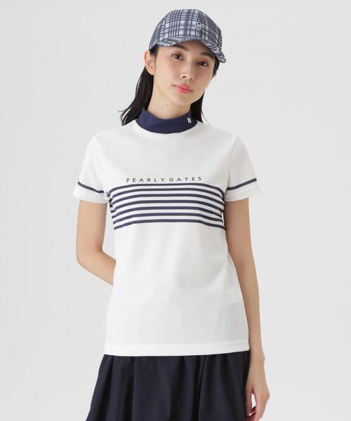 PEARLY GATES（パーリーゲイツ）の「【PEARLY GATES】Peメッシュパネルボーダー半袖ハイネックカットソー (WOMENS)（Tシャツ/カットソー・レディース・ネイビー/ホワイト系その他/ブルー・LARGE/SMALL/MEDIUM）」の4枚目の写真