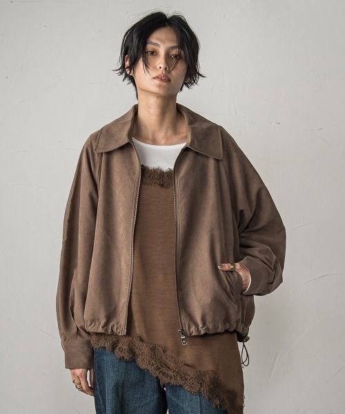 MAYSON GREY(メイソングレイ)の「スウェードライクステンカラーブルゾン≪セットアップ対応≫(ライダースジャケット・レディース・チャコールグレー/キャメル・M)」の3枚目の写真