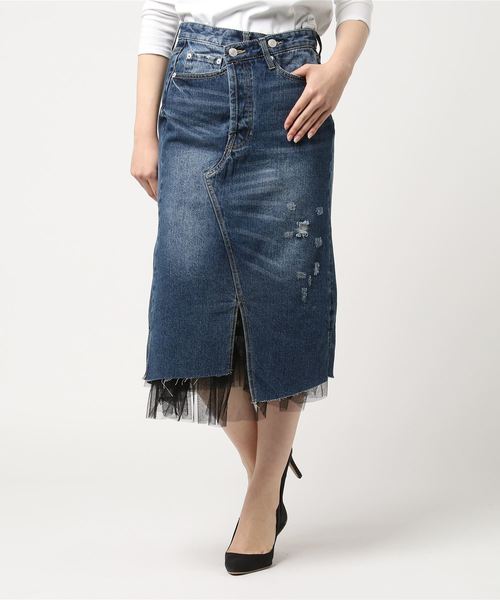 INTERPLANET（インタープラネット）の「チュール×リメイク風デニムスカート（スカート・レディース・インディゴブルー・FREE）」の4枚目の写真