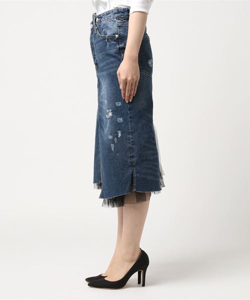 INTERPLANET（インタープラネット）の「チュール×リメイク風デニムスカート（スカート・レディース・インディゴブルー・FREE）」の3枚目の写真