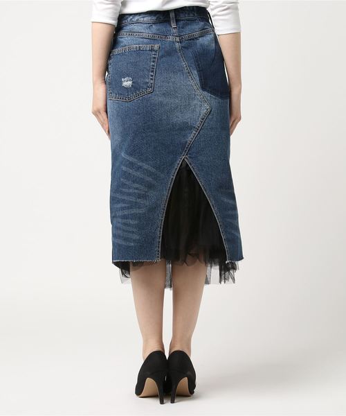 INTERPLANET（インタープラネット）の「チュール×リメイク風デニムスカート（スカート・レディース・インディゴブルー・FREE）」の2枚目の写真