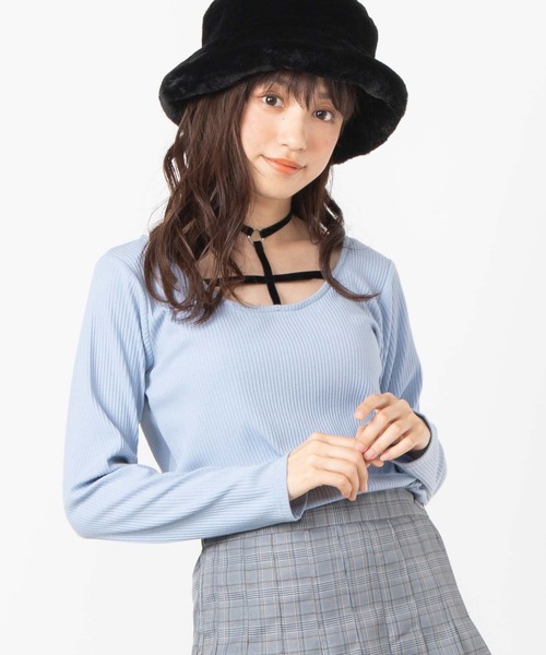 WEGO(ウィゴー)の「WEGO/クロスチョーカーリブTシャツ(Tシャツ/カットソー・レディース・ブラック/サックスブルー・FREE)」の1枚目の写真