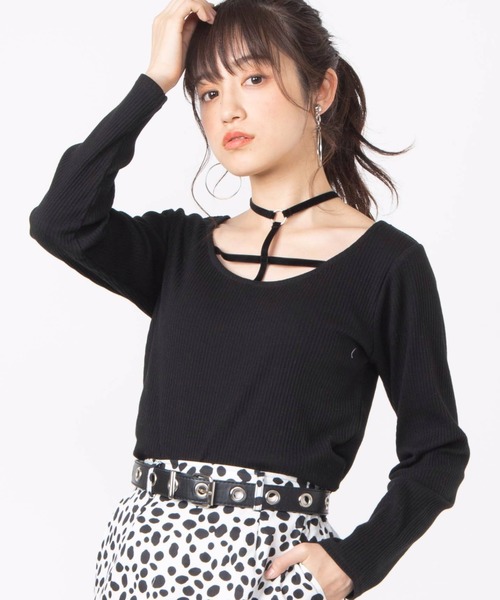 WEGO(ウィゴー)の「WEGO/クロスチョーカーリブTシャツ(Tシャツ/カットソー・レディース・ブラック/サックスブルー・FREE)」の2枚目の写真