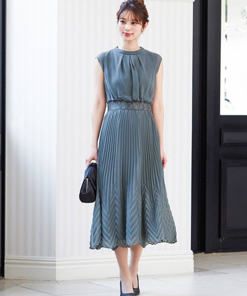 セール ワンピース ドレス レースベルト風プリーツロング結婚式ワンピースドレス ドレス Letter Letter ファッション