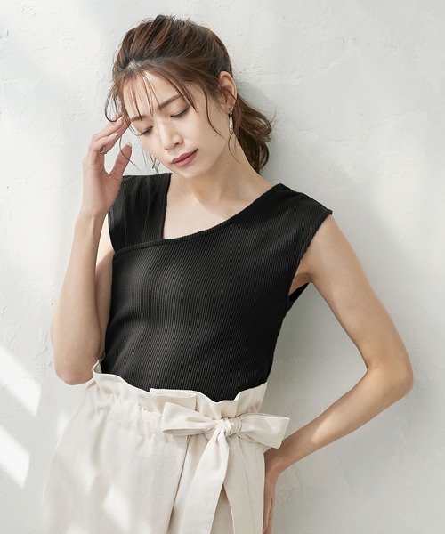KOBE LETTUCE（コウベレタス）の「アシメショルダーリブタンクトップ（タンクトップ・レディース・グレイッシュベージュ/アイボリー/カーキ/ブラック/モカ・FREE）」の3枚目の写真