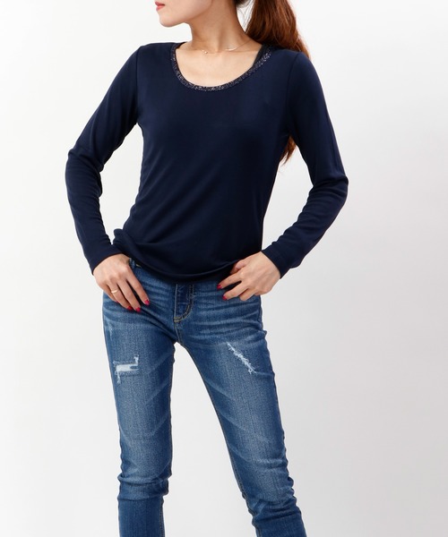 Bou Jeloud(ブージュルード)の「【BOU JELOUD】発熱保温素材ラメ入りクルーネックインナーTシャツ womens(Tシャツ/カットソー・レディース・ライトグレー/カーキ/グリーン/ネイビー・FREE)」の9枚目の写真