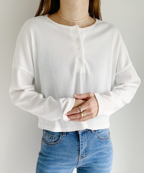 CLEA(クレア)の「ヘンリーネックリブトップス(Tシャツ/カットソー・レディース・ホワイト/ブラック・FREE)」の7枚目の写真