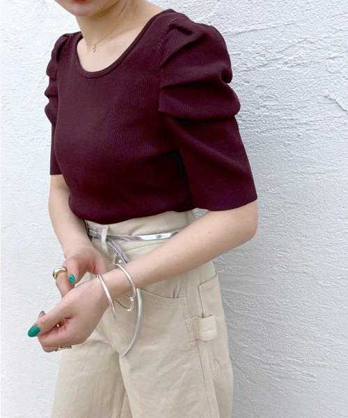 mystic(ミスティック)の「パワショルリブ半袖ニット(Tシャツ/カットソー・レディース・ブラック/グリーン/アイボリー/ベージュ/ブラウン・FREE)」の3枚目の写真