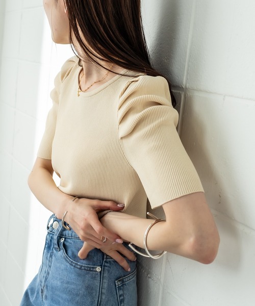 mystic(ミスティック)の「パワショルリブ半袖ニット(Tシャツ/カットソー・レディース・ブラック/グリーン/アイボリー/ベージュ/ブラウン・FREE)」の2枚目の写真