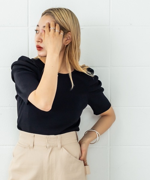 mystic(ミスティック)の「パワショルリブ半袖ニット(Tシャツ/カットソー・レディース・ブラック/グリーン/アイボリー/ベージュ/ブラウン・FREE)」の1枚目の写真