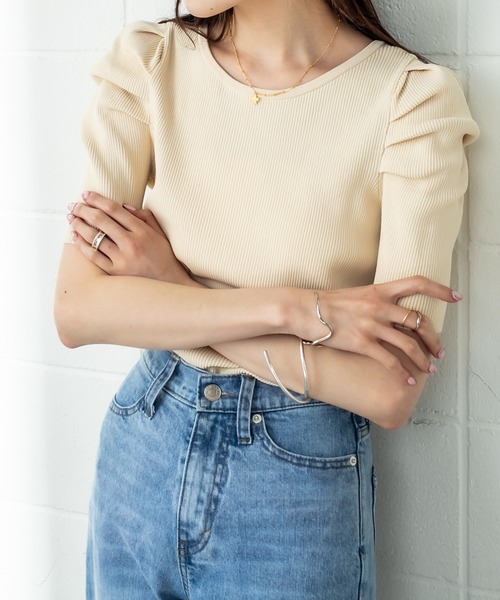 mystic(ミスティック)の「パワショルリブ半袖ニット(Tシャツ/カットソー・レディース・ブラック/グリーン/アイボリー/ベージュ/ブラウン・FREE)」の13枚目の写真