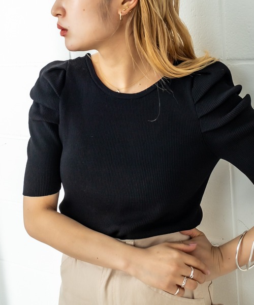 mystic(ミスティック)の「パワショルリブ半袖ニット(Tシャツ/カットソー・レディース・ブラック/グリーン/アイボリー/ベージュ/ブラウン・FREE)」の7枚目の写真