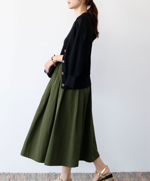 ELFRANK(エルフランク)の「タフタギャザーボリュームフレアミモレ丈スカート【洗える】(スカート・レディース・カーキ/ネイビー/パープル/コーラル/オリーブ/イエロー・FREE)」の7枚目の写真