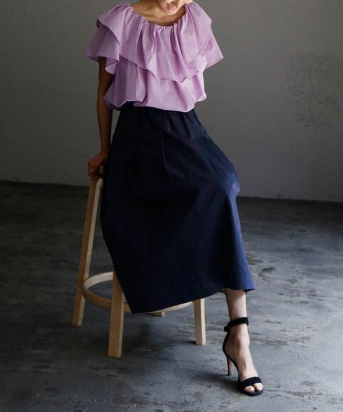 ELFRANK(エルフランク)の「タフタギャザーボリュームフレアミモレ丈スカート【洗える】(スカート・レディース・カーキ/ネイビー/パープル/コーラル/オリーブ/イエロー・FREE)」の8枚目の写真