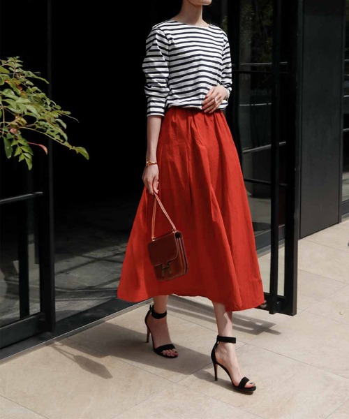 ELFRANK(エルフランク)の「タフタギャザーボリュームフレアミモレ丈スカート【洗える】(スカート・レディース・カーキ/ネイビー/パープル/コーラル/オリーブ/イエロー・FREE)」の10枚目の写真