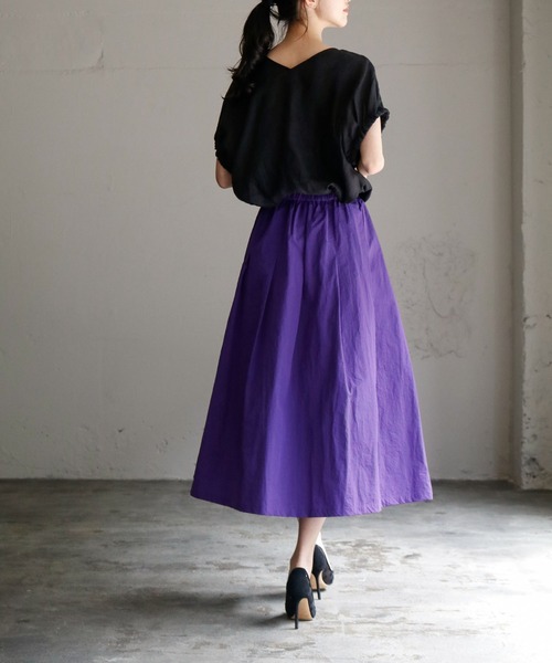 ELFRANK(エルフランク)の「タフタギャザーボリュームフレアミモレ丈スカート【洗える】(スカート・レディース・カーキ/ネイビー/パープル/コーラル/オリーブ/イエロー・FREE)」の13枚目の写真