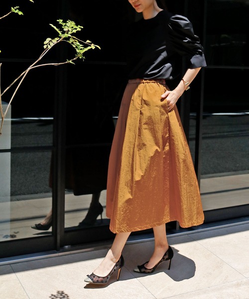 ELFRANK(エルフランク)の「タフタギャザーボリュームフレアミモレ丈スカート【洗える】(スカート・レディース・カーキ/ネイビー/パープル/コーラル/オリーブ/イエロー・FREE)」の16枚目の写真