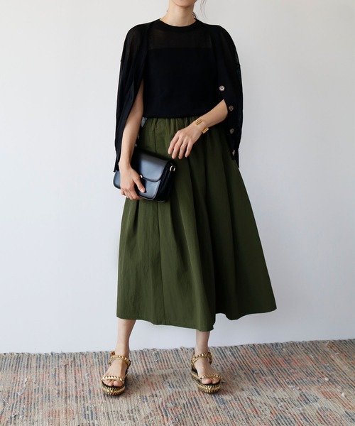 ELFRANK(エルフランク)の「タフタギャザーボリュームフレアミモレ丈スカート【洗える】(スカート・レディース・カーキ/ネイビー/パープル/コーラル/オリーブ/イエロー・FREE)」の18枚目の写真