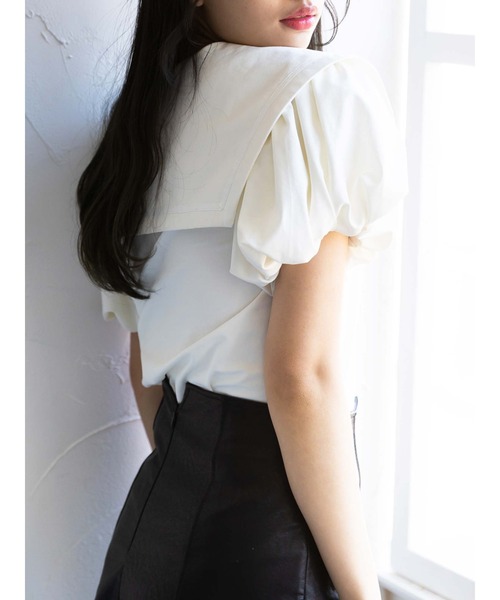 Honey Salon（ハニーサロン）の「ビッグカラーパフスリーブトップス（Tシャツ/カットソー・レディース・チョコ/オフホワイト/ブラック・FREE）」の2枚目の写真