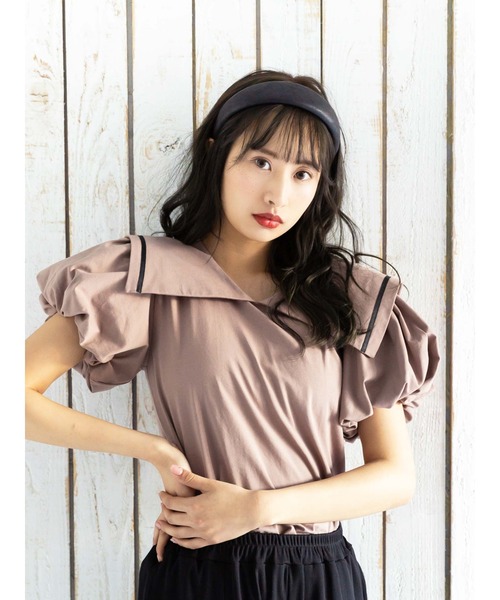 Honey Salon（ハニーサロン）の「ビッグカラーパフスリーブトップス（Tシャツ/カットソー・レディース・チョコ/オフホワイト/ブラック・FREE）」の5枚目の写真