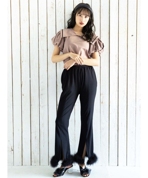 Honey Salon（ハニーサロン）の「ビッグカラーパフスリーブトップス（Tシャツ/カットソー・レディース・チョコ/オフホワイト/ブラック・FREE）」の7枚目の写真