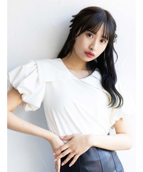 Honey Salon（ハニーサロン）の「ビッグカラーパフスリーブトップス（Tシャツ/カットソー・レディース・チョコ/オフホワイト/ブラック・FREE）」の12枚目の写真