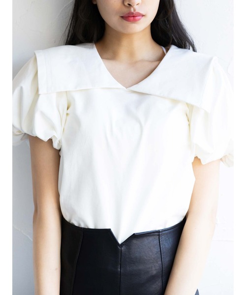 Honey Salon（ハニーサロン）の「ビッグカラーパフスリーブトップス（Tシャツ/カットソー・レディース・チョコ/オフホワイト/ブラック・FREE）」の14枚目の写真