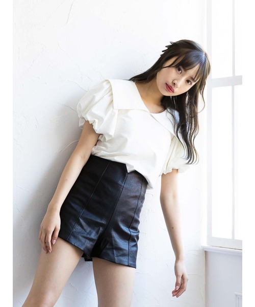 Honey Salon（ハニーサロン）の「ビッグカラーパフスリーブトップス（Tシャツ/カットソー・レディース・チョコ/オフホワイト/ブラック・FREE）」の15枚目の写真