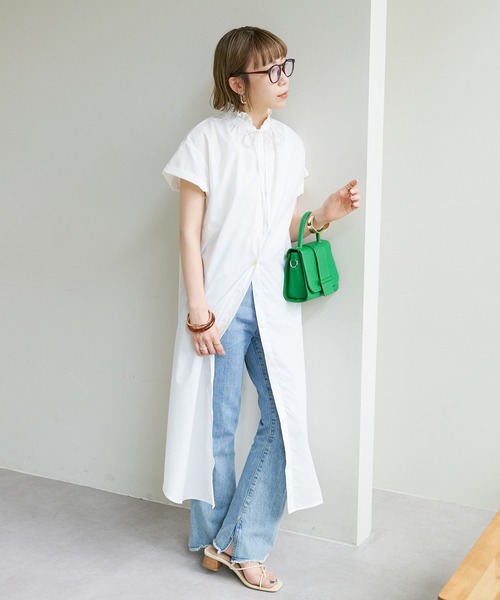 DISCOAT(ディスコート)の「【WEB限定】スタンドフリルワンピース(シャツワンピース・レディース・ホワイト/スカイブルー/ブラック/サックスブルー/イエロー・FREE)」の2枚目の写真