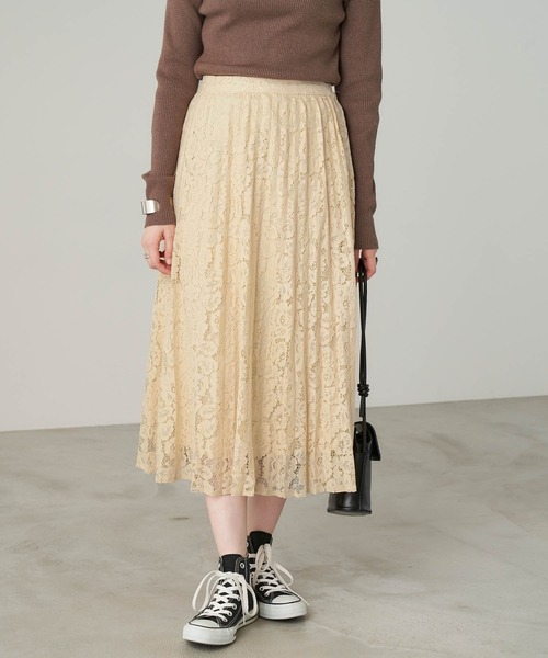 Chaco closet（チャコ クローゼット）の「ポケット付き 総レースニュアンスプリーツスカート（スカート・レディース・ブラック/ベージュ/グリーン/アイボリー/グレイッシュベージュ・TM/M）」の9枚目の写真