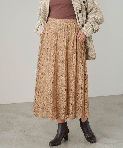 Chaco closet（チャコ クローゼット）の「ポケット付き 総レースニュアンスプリーツスカート（スカート・レディース・ブラック/ベージュ/グリーン/アイボリー/グレイッシュベージュ・TM/M）」の17枚目の写真