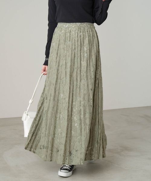 Chaco closet（チャコ クローゼット）の「ポケット付き 総レースニュアンスプリーツスカート（スカート・レディース・ブラック/ベージュ/グリーン/アイボリー/グレイッシュベージュ・TM/M）」の6枚目の写真