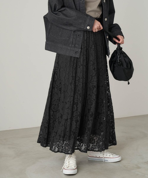 Chaco closet（チャコ クローゼット）の「ポケット付き 総レースニュアンスプリーツスカート（スカート・レディース・ブラック/ベージュ/グリーン/アイボリー/グレイッシュベージュ・TM/M）」の13枚目の写真