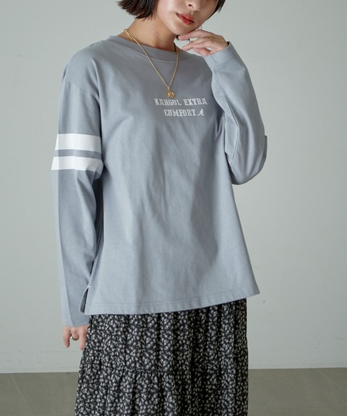 KANGOL EXTRA COMFORT(カンゴールエクストラコンフォート)の「【KANGOL EXTRA COMFORT(カンゴール エクストラコンフォート)】配色袖ラインロゴプリント クルーネックロンT(Tシャツ/カットソー・レディース・ベージュ/ネイビー/ブルーグレー/モカ・LL/M/L)」の9枚目の写真