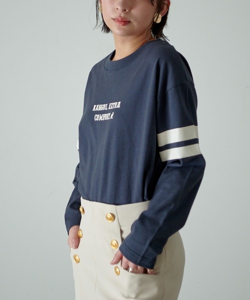KANGOL EXTRA COMFORT(カンゴールエクストラコンフォート)の「【KANGOL EXTRA COMFORT(カンゴール エクストラコンフォート)】配色袖ラインロゴプリント クルーネックロンT(Tシャツ/カットソー・レディース・ベージュ/ネイビー/ブルーグレー/モカ・LL/M/L)」の17枚目の写真