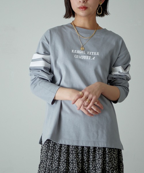 KANGOL EXTRA COMFORT(カンゴールエクストラコンフォート)の「【KANGOL EXTRA COMFORT(カンゴール エクストラコンフォート)】配色袖ラインロゴプリント クルーネックロンT(Tシャツ/カットソー・レディース・ベージュ/ネイビー/ブルーグレー/モカ・LL/M/L)」の7枚目の写真