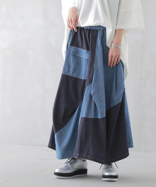 osharewalker(オシャレウォーカー)の「『アシメバルーン配色デニムスカート』(デニムスカート・レディース・ブルー・FREE)」の2枚目の写真