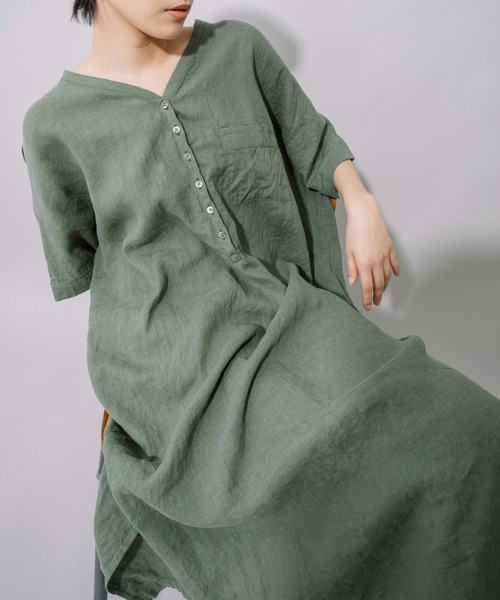 Munich（ミューニック）の「60sフレンチリネンリラックスワンピース（ワンピース・レディース・ホワイト/ブラック/グレー/カーキ/ピンク・FREE）」の4枚目の写真