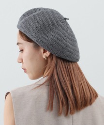 麻混模様編みニットベレー帽