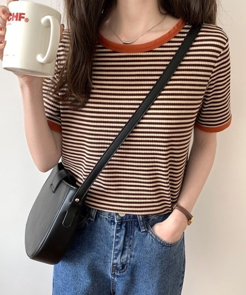 everycoco(エブリーココ)の「バイカラーリブボーダーニット(Tシャツ/カットソー・レディース・ブラック/オレンジ/グリーン・FREE)」の1枚目の写真
