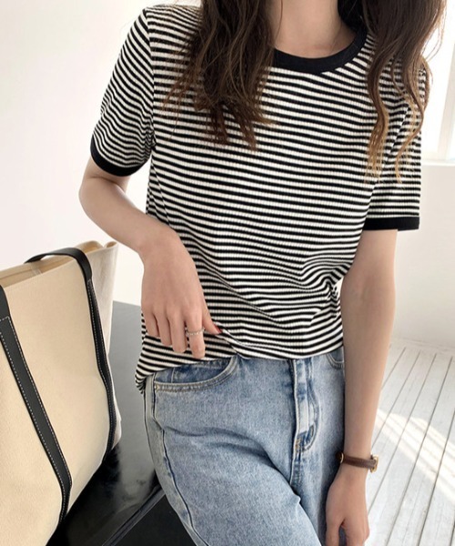 everycoco(エブリーココ)の「バイカラーリブボーダーニット(Tシャツ/カットソー・レディース・ブラック/オレンジ/グリーン・FREE)」の4枚目の写真