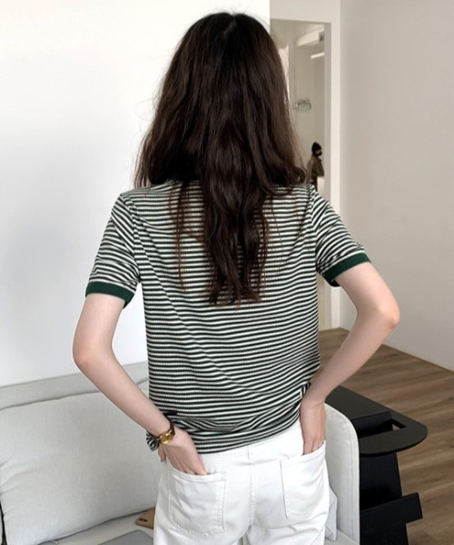 everycoco(エブリーココ)の「バイカラーリブボーダーニット(Tシャツ/カットソー・レディース・ブラック/オレンジ/グリーン・FREE)」の9枚目の写真