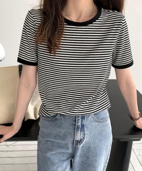 everycoco(エブリーココ)の「バイカラーリブボーダーニット(Tシャツ/カットソー・レディース・ブラック/オレンジ/グリーン・FREE)」の5枚目の写真