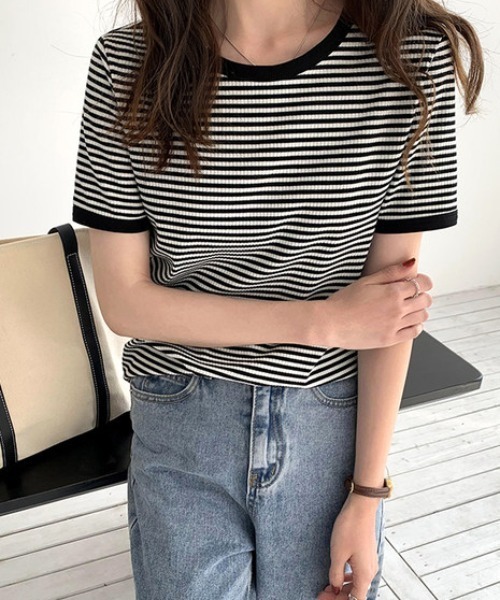 everycoco(エブリーココ)の「バイカラーリブボーダーニット(Tシャツ/カットソー・レディース・ブラック/オレンジ/グリーン・FREE)」の6枚目の写真