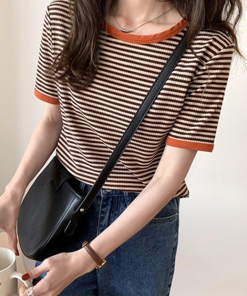 everycoco(エブリーココ)の「バイカラーリブボーダーニット(Tシャツ/カットソー・レディース・ブラック/オレンジ/グリーン・FREE)」の10枚目の写真