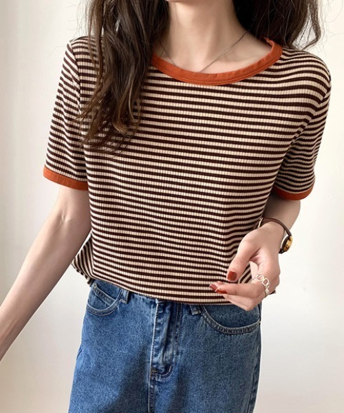 everycoco(エブリーココ)の「バイカラーリブボーダーニット(Tシャツ/カットソー・レディース・ブラック/オレンジ/グリーン・FREE)」の11枚目の写真