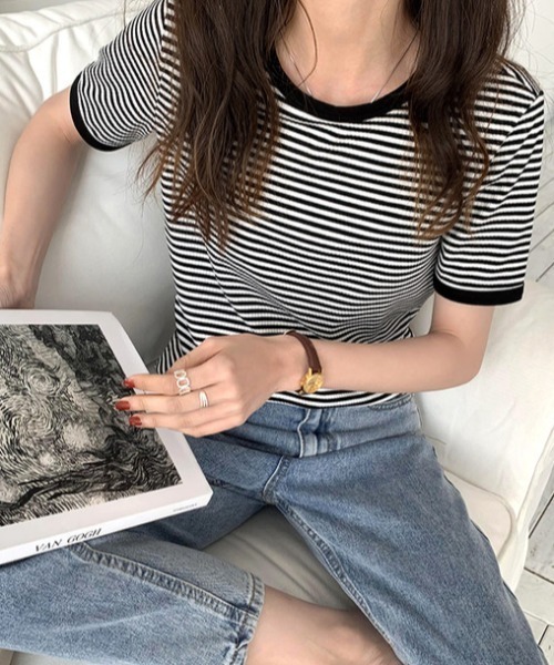 everycoco(エブリーココ)の「バイカラーリブボーダーニット(Tシャツ/カットソー・レディース・ブラック/オレンジ/グリーン・FREE)」の13枚目の写真
