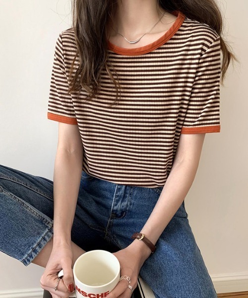 everycoco(エブリーココ)の「バイカラーリブボーダーニット(Tシャツ/カットソー・レディース・ブラック/オレンジ/グリーン・FREE)」の14枚目の写真