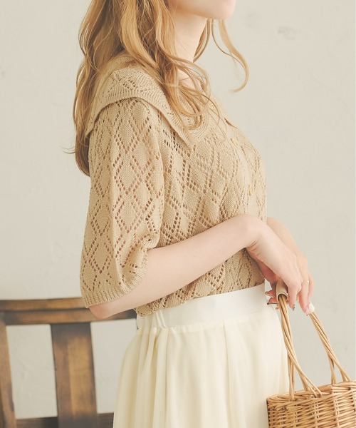 Ambre Neige(アンブルネージュ)の「透かし編みビッグカラーニット/【WEB/EC限定商品】(Tシャツ/カットソー・レディース・アイボリー/ライトベージュ・FREE)」の13枚目の写真