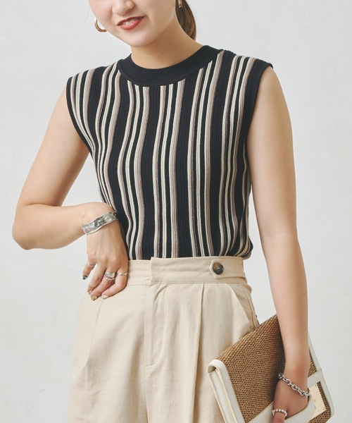 Chez toi（シェトワ）の「マルチストライプノースリニットプルオーバー（ニット/セーター・レディース・オフホワイト/ブラック/ブルー/パープル・FREE）」の3枚目の写真